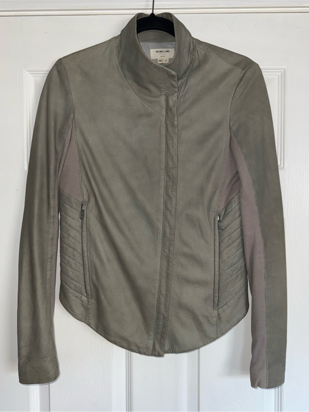 HELMUT LANG Gray Paper Lamb Leather Moto Asymmetrical Drape Soft Jacket P XS VTG